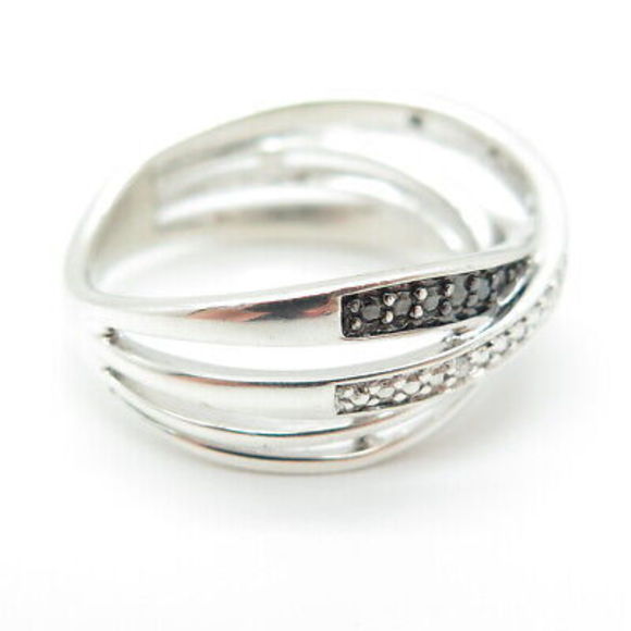 SUN 925 Sterling Silver Real Black & White Diamond Crisscross Ring Size 6.75 - Picture 6 of 8